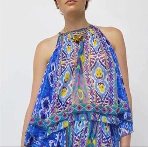Zara Womens Hobo Printed Halter sleeveless sheer Top BLUE size S